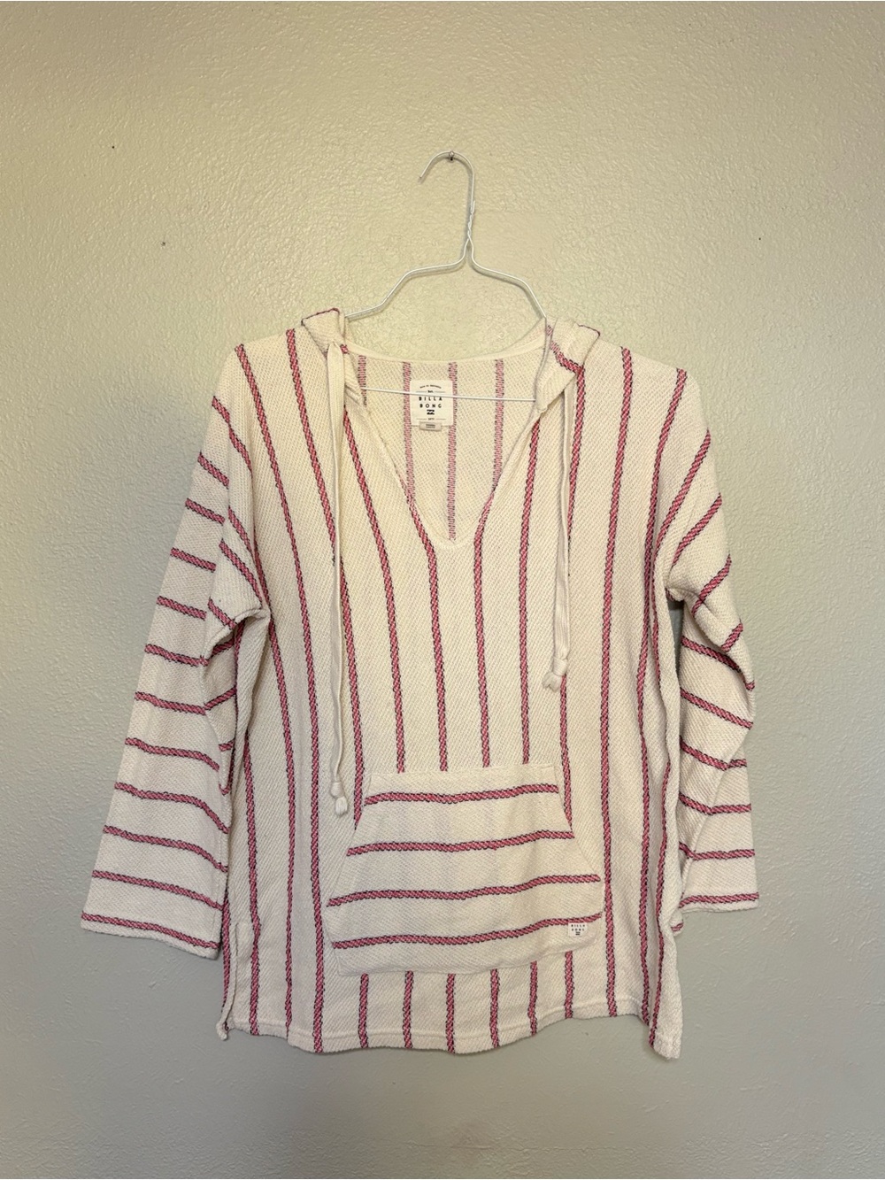 Billabong Striped Hooded Pullover Sweater - Cream with red stripes